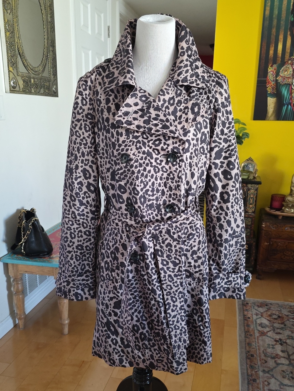 Dana Buchman Taupe and Black Leopard Print Trench Coat